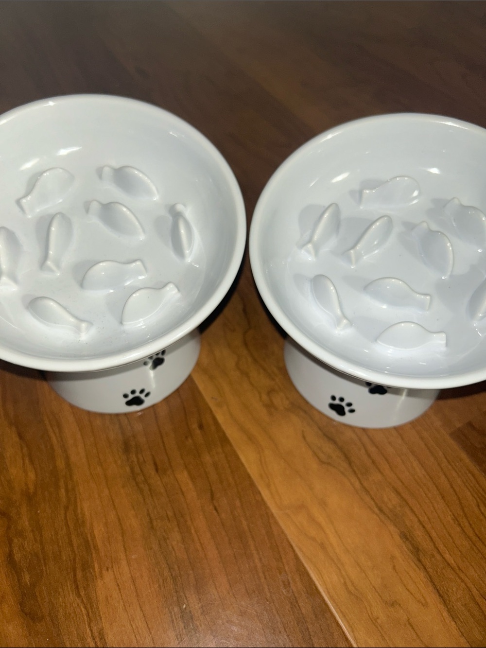 White Ceramic Elevated Pet Bowl Set with Paw Prints